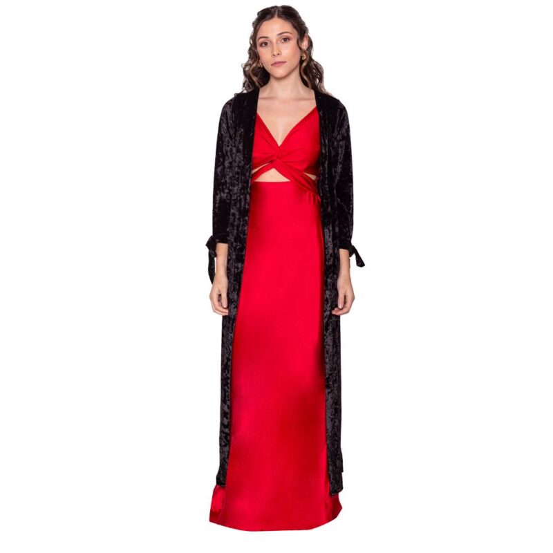 Tapado Kimono Largo Verona Negro Jaspeado Terciopelo Maria Paskaro