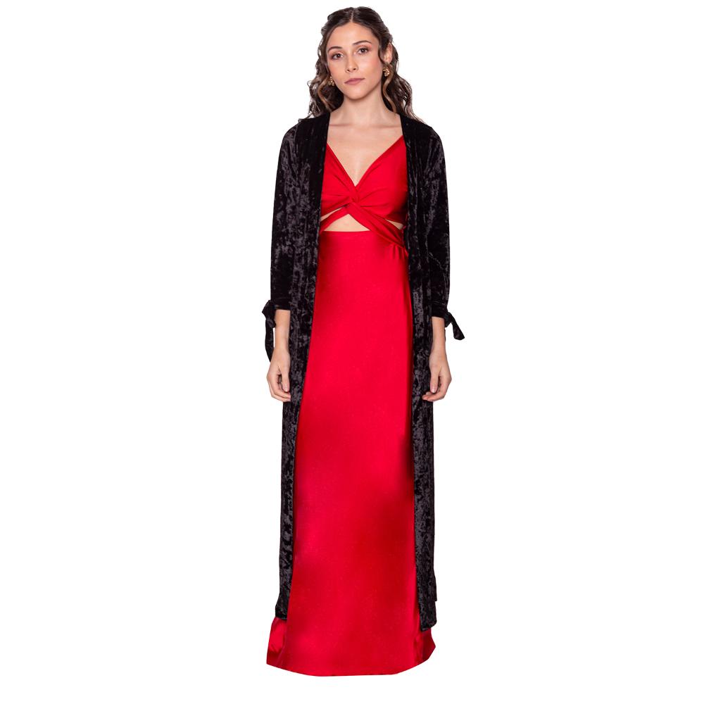 Tapado Kimono Largo Verona Negro Jaspeado Terciopelo Maria Paskaro