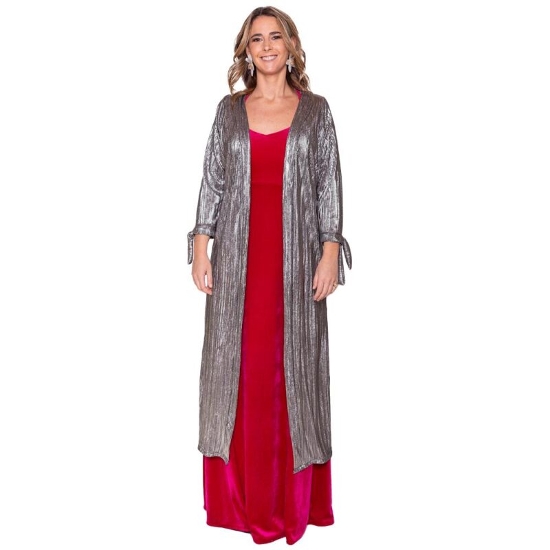 Tapado Kimono Largo Verona Plateado Oscuro Plisado Maria Paskaro