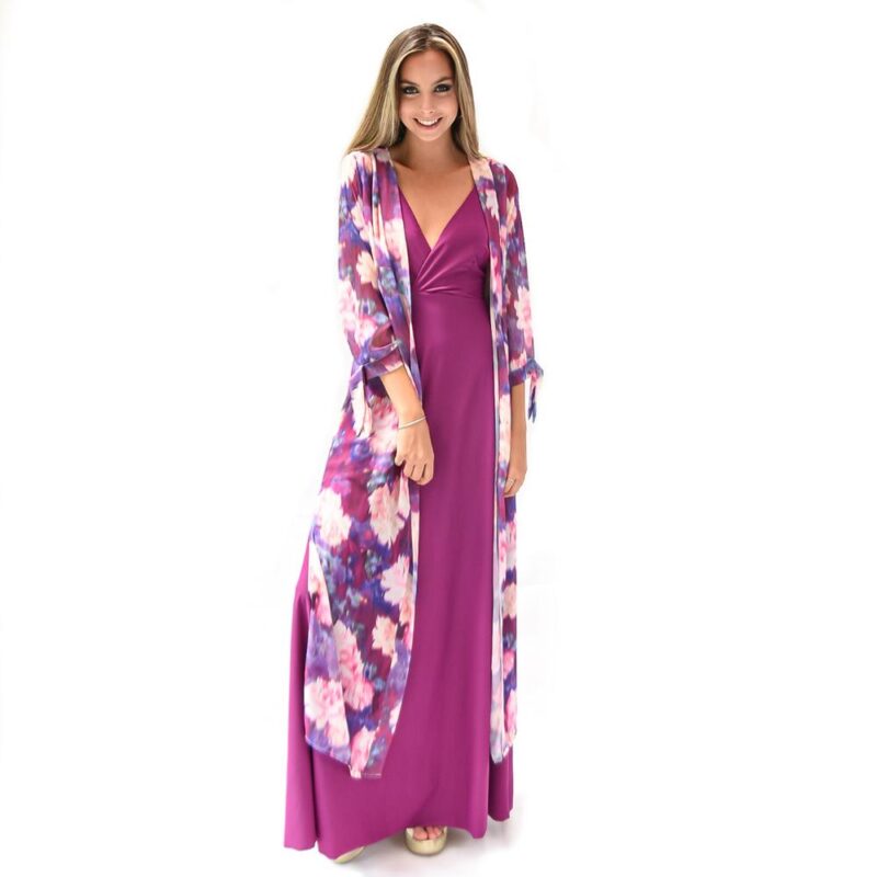 Tapado Kimono Larg Verona Morado Flores Chiffon Maria Paskaro