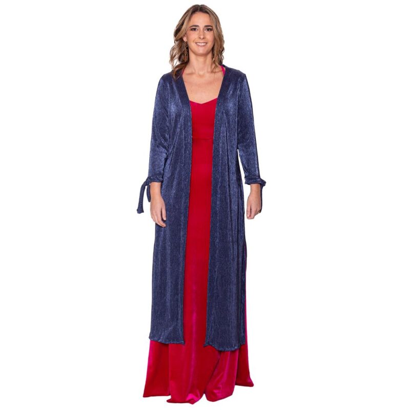 Tapado Kimono Largo Verona Azul Plisado Metalizado Maria Paskaro