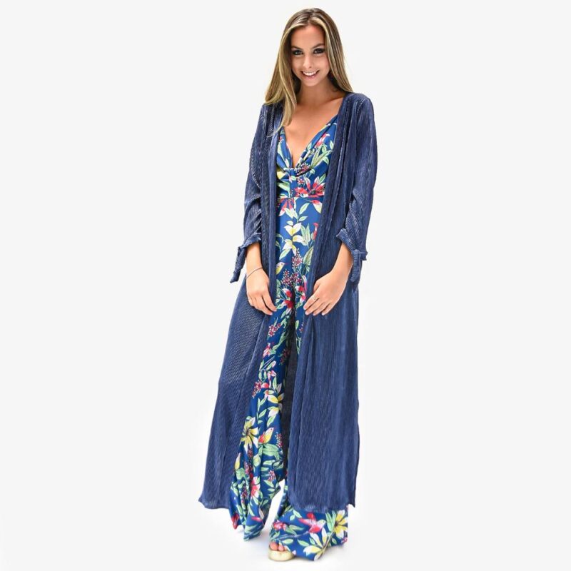 Tapado Kimono Largo Verona Azul Plisado Metalizado Maria Paskaro