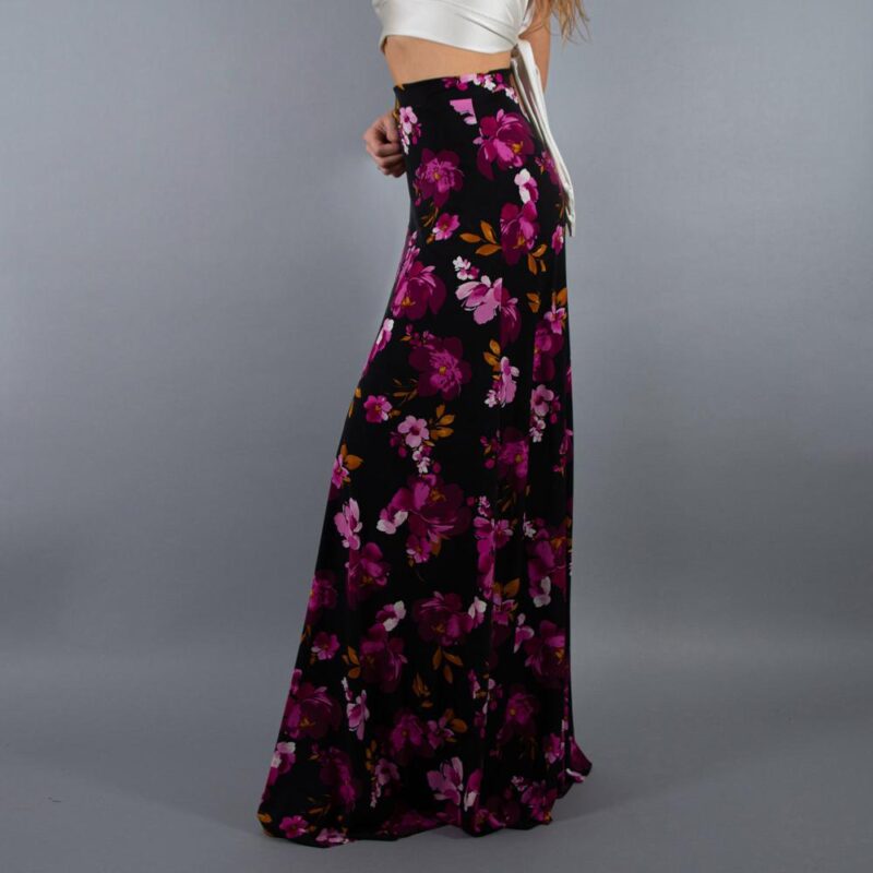 Falda Larga Bristol Negro Flores Fucsia Lycra Maria Paskaro