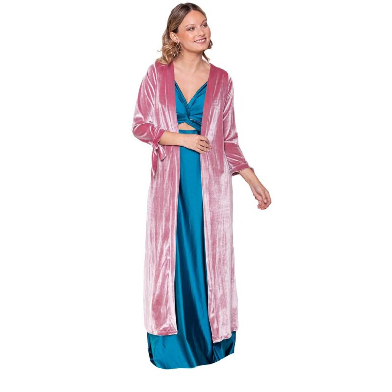 Tapado Kimono Largo Verona Rosa Terciopelo Brillante Maria Paskaro
