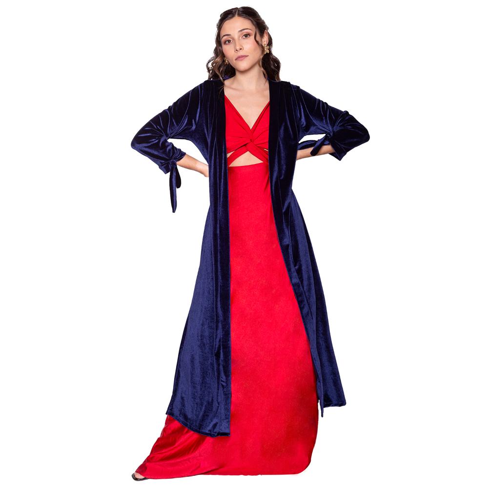 Tapado Kimono Largo Verona Azul Terciopelo Maria Paskaro