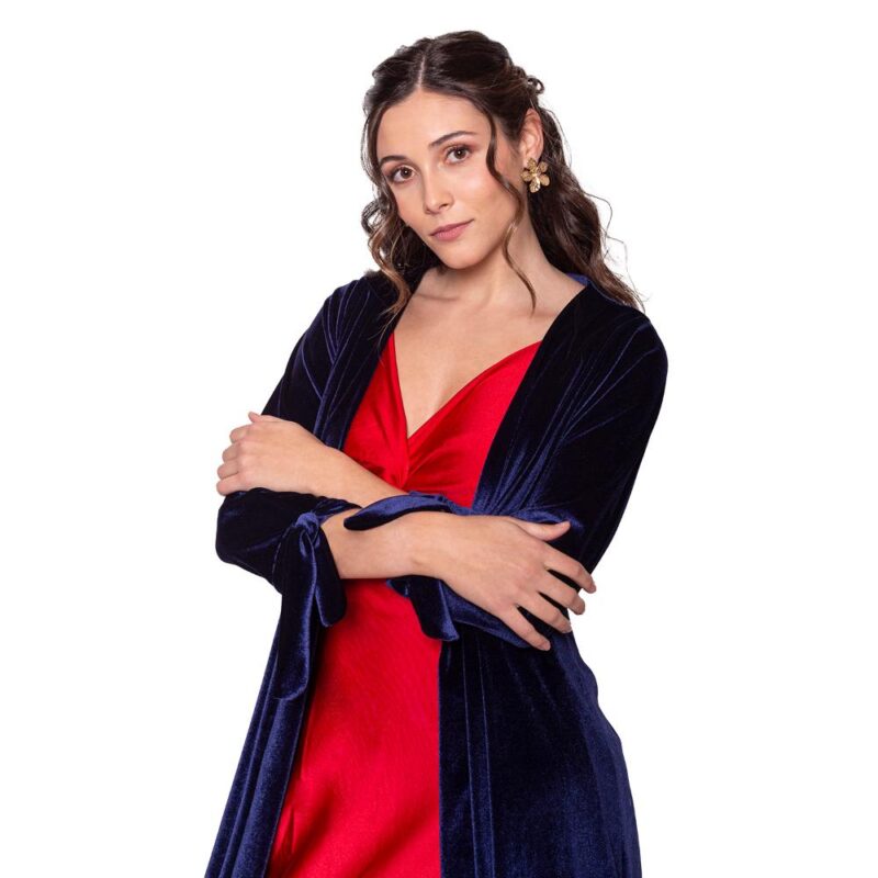 Tapado Kimono Largo Verona Azul Terciopelo Maria Paskaro