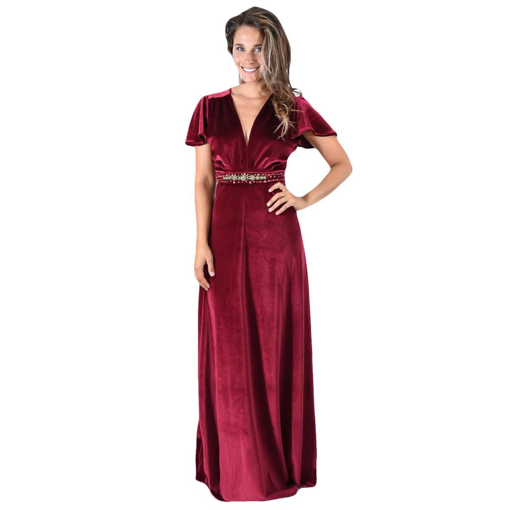 Vestido Largo York Burdeo Terciopelo Mangas  Maria Paskaro