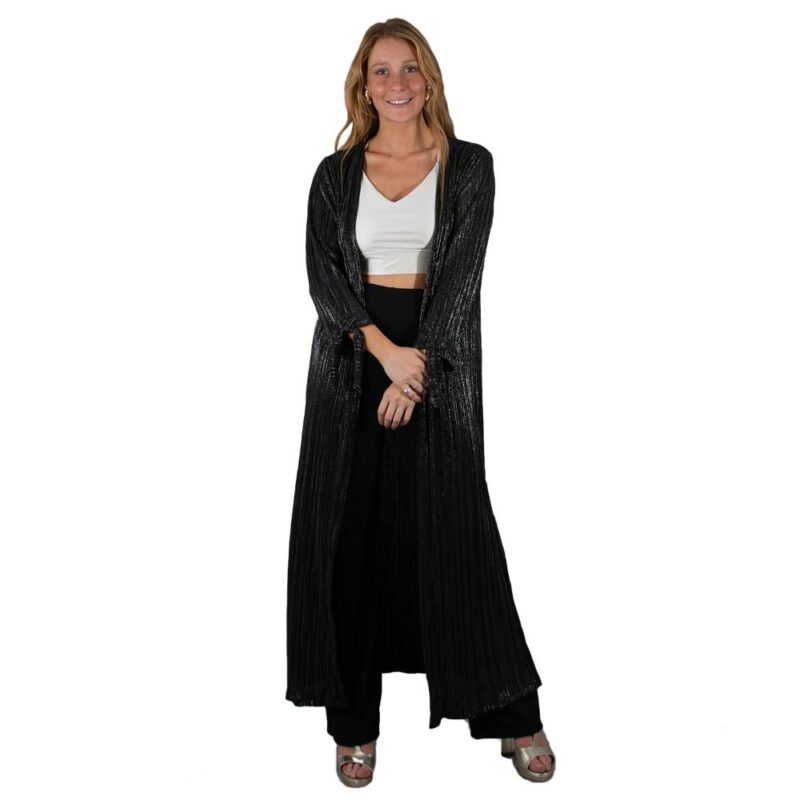 Tapado Kimono Largo Verona Negro Brillos Plisado Maria Paskaro