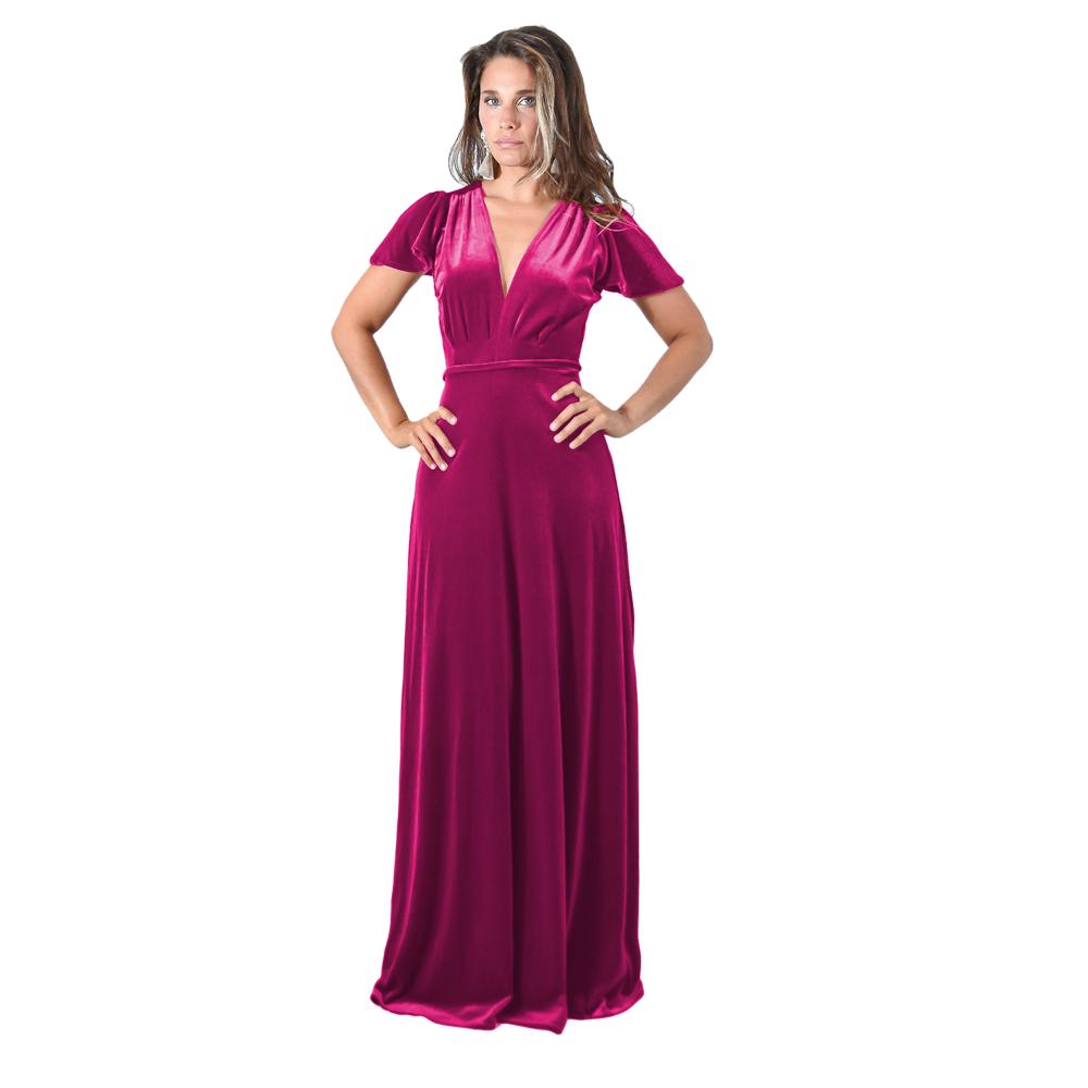 Vestido Largo York Fucsia Terciopelo Mangas Maria Paskaro