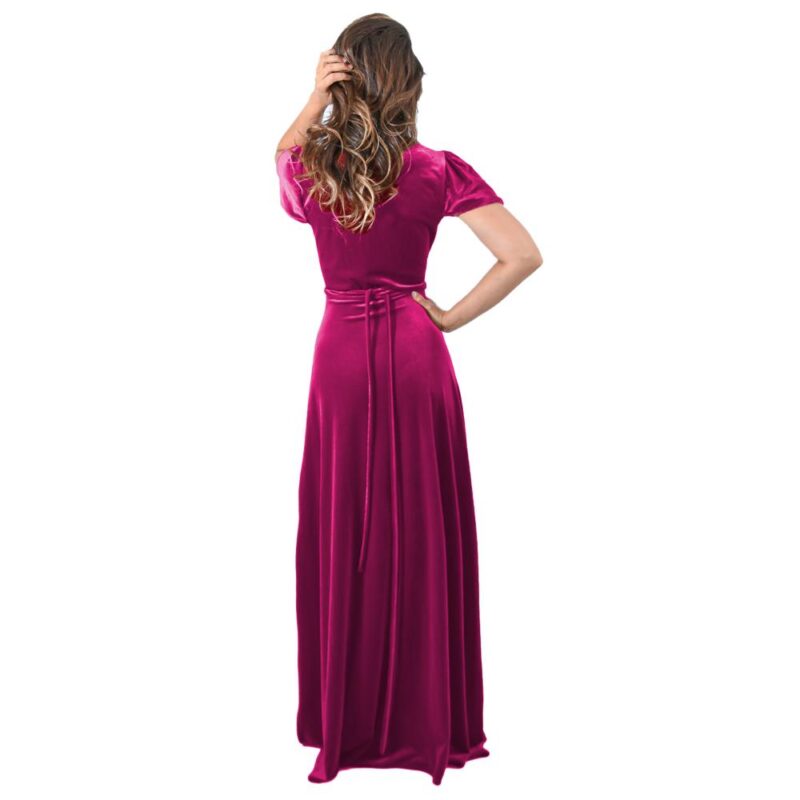 Vestido Largo York Fucsia Terciopelo Mangas Maria Paskaro