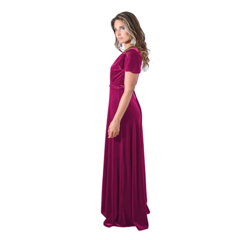 Vestido Largo York Fucsia Terciopelo Mangas Maria Paskaro