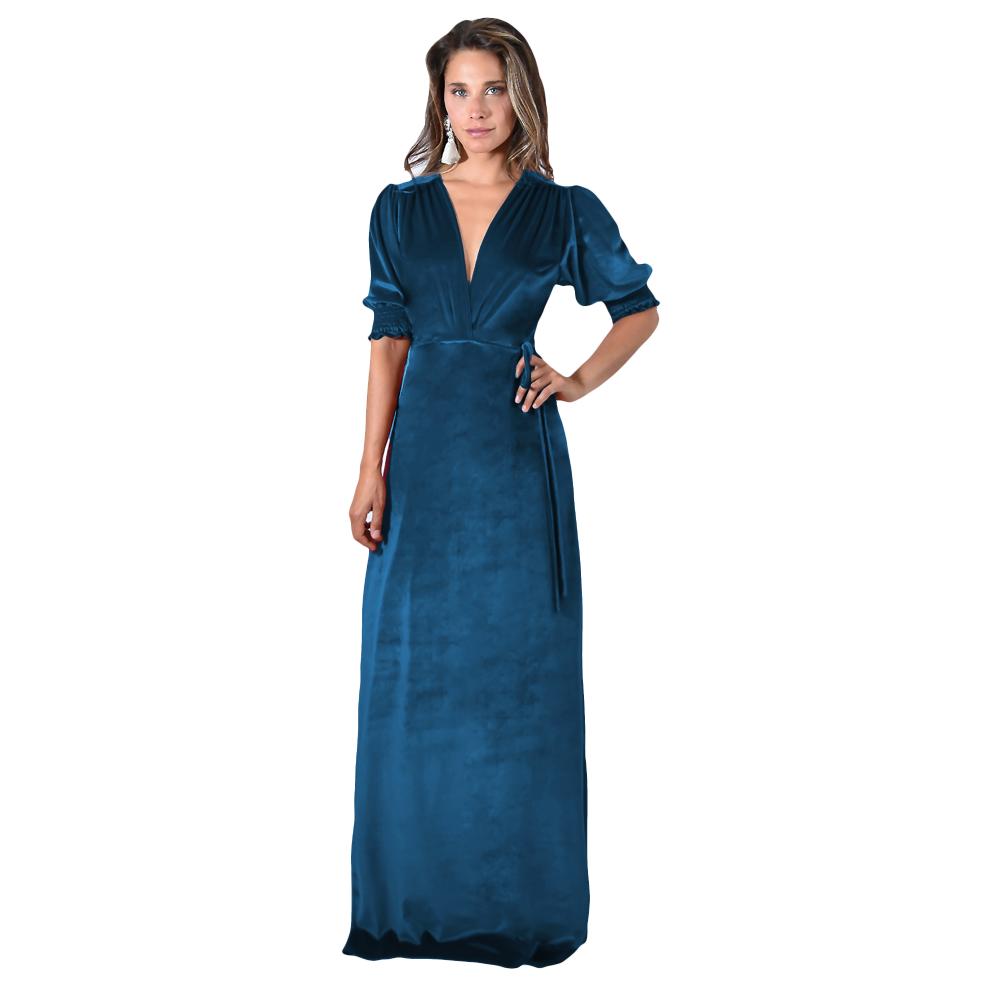 Vestido Largo Sevilla Petroleo Terciopelo Manga Globo Maria Paskaro