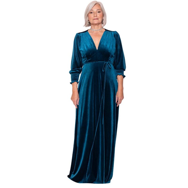 Vestido Largo Sevilla Petroleo Terciopelo Manga Globo Maria Paskaro