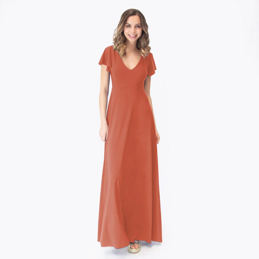 Vestido Largo Mangas Naranjo Lycra Lazo Espalda