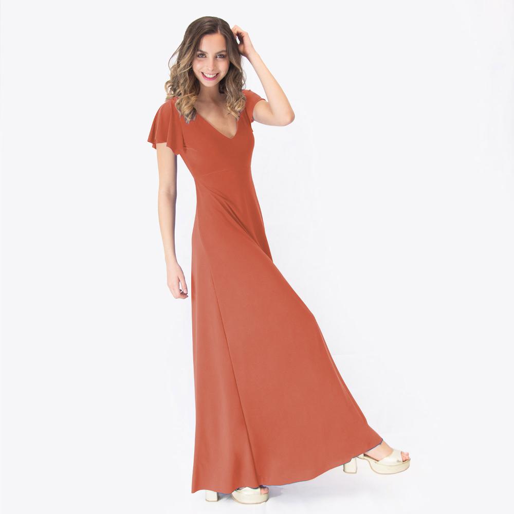 Vestido Largo Mangas Naranjo Lycra Lazo Espalda