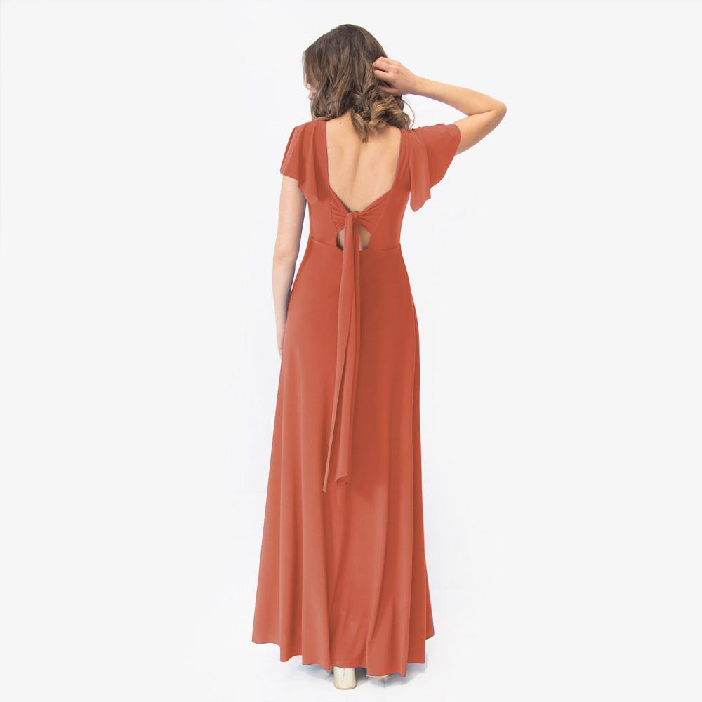 Vestido Largo Mangas Naranjo Lycra Lazo Espalda