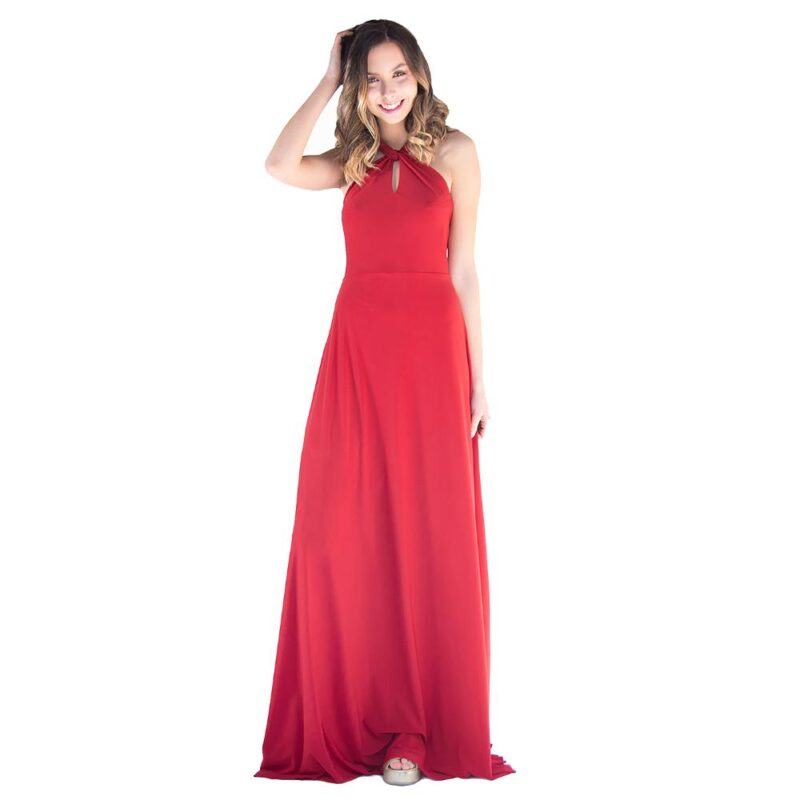 Vestido Largo Oporto Rojo Italiano Lycra Halter Amarra Maria Paskaro