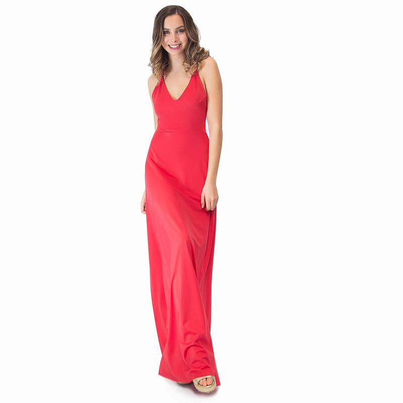 Vestido Largo Paris Rojo Lycra Lazo Maria Paskaro