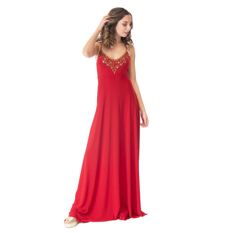 Vestido Largo Berlin Rojo Italiano Lycra Bordado A Mano Maria Paskaro