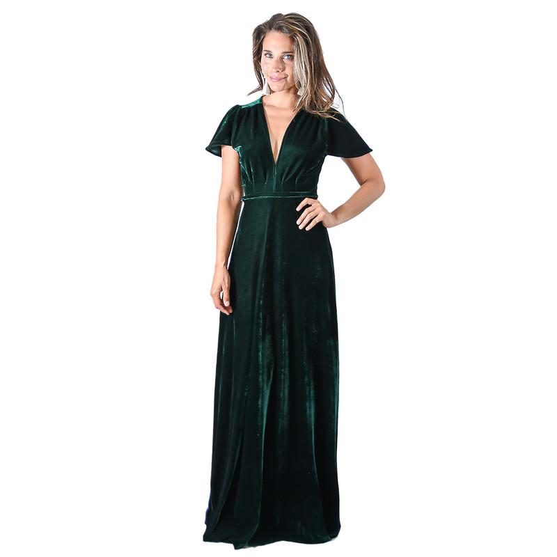 Vestido Largo York Verde Terciopelo Mangas  Maria Paskaro
