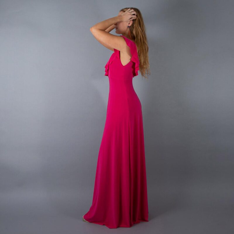 Vestido Largo Marken Fucsia Lycra Vuelo Grande Maria Paskaro
