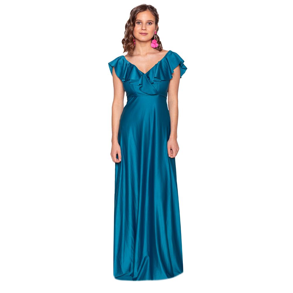 Vestido Largo Marken Petroleo Lycra Vuelo Grande Maria Paskaro