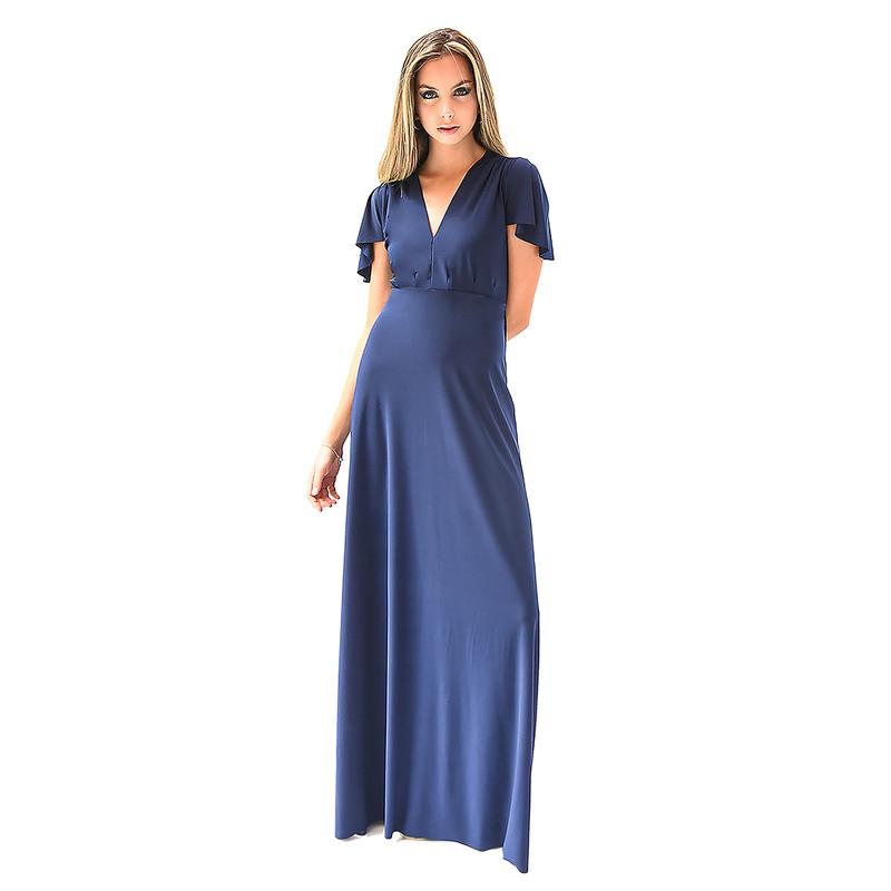 Vestido Largo York Azul Marino Lycra Mangas  Maria Paskaro
