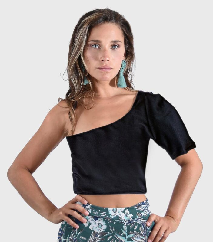 Peto Asimetrico Pedrera Negro Brillo Lycra Maria Paskaro