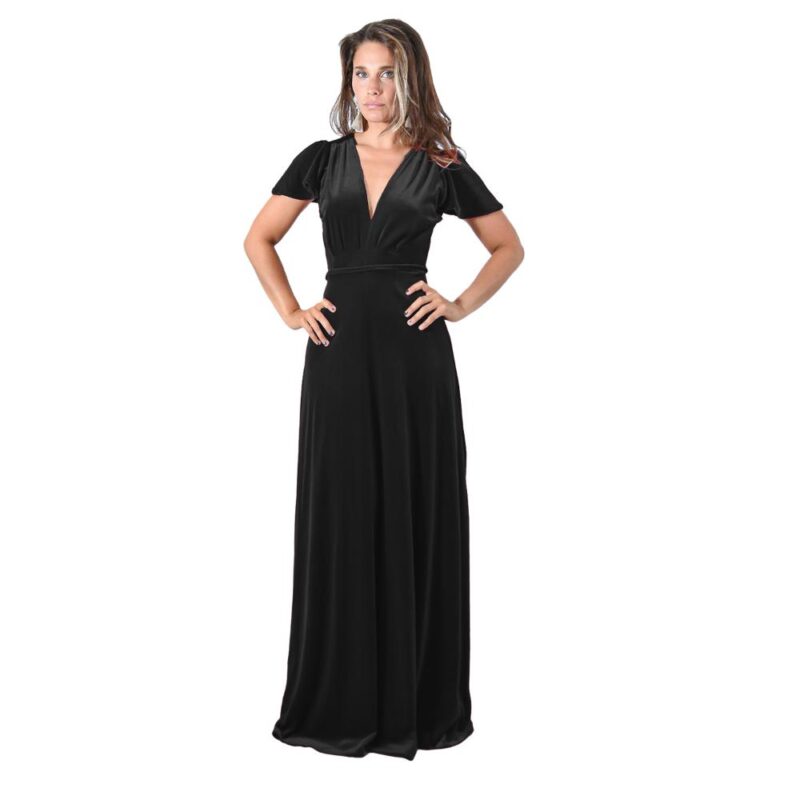 Vestido Largo York Negro Terciopelo Mangas Maria Paskaro