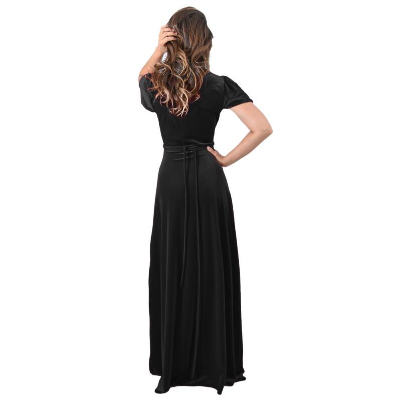 Vestido Largo York Negro Terciopelo Mangas Maria Paskaro