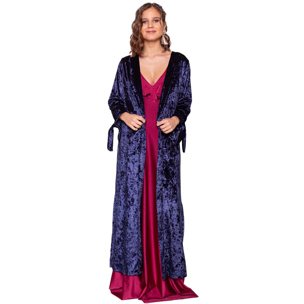 Tapado Kimono Largo Azul Jaspeado Terciopelo Maria Paskaro