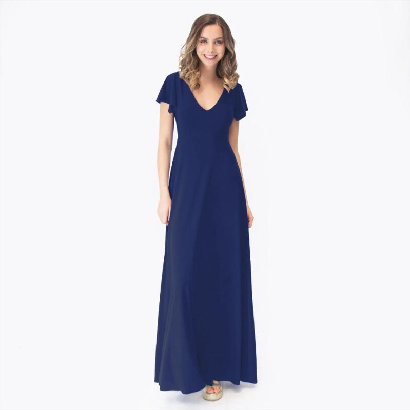 Vestido Largo Mangas Azul Marino Lycra Lazo Espalda Maria Paskaro