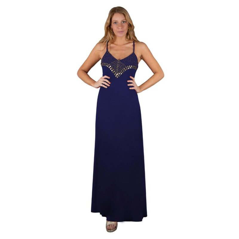 Vestido Largo Berlin Azul Marino Lycra Bordado R Maria Paskaro