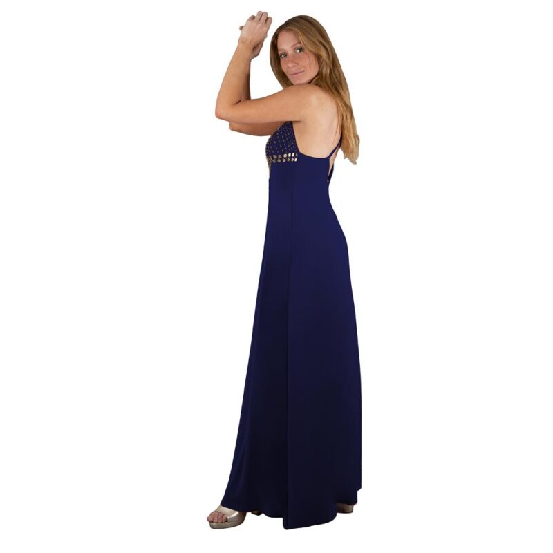 Vestido Largo Berlin Azul Marino Lycra Bordado R Maria Paskaro