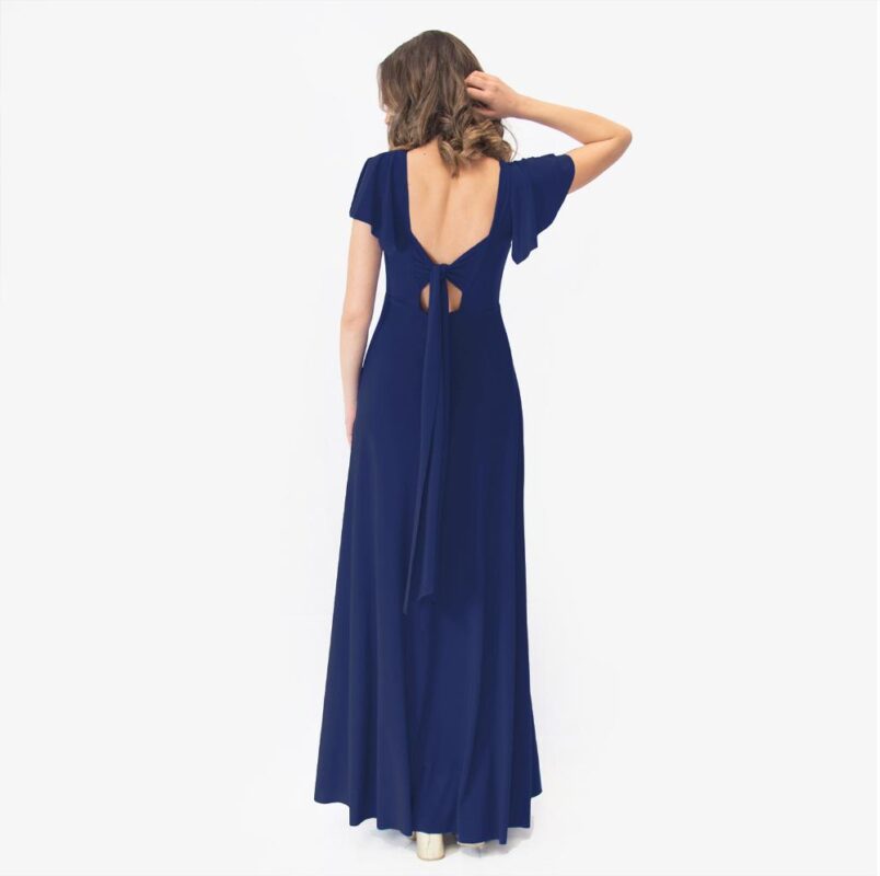 Vestido Largo Mangas Azul Marino Lycra Lazo Espalda Maria Paskaro