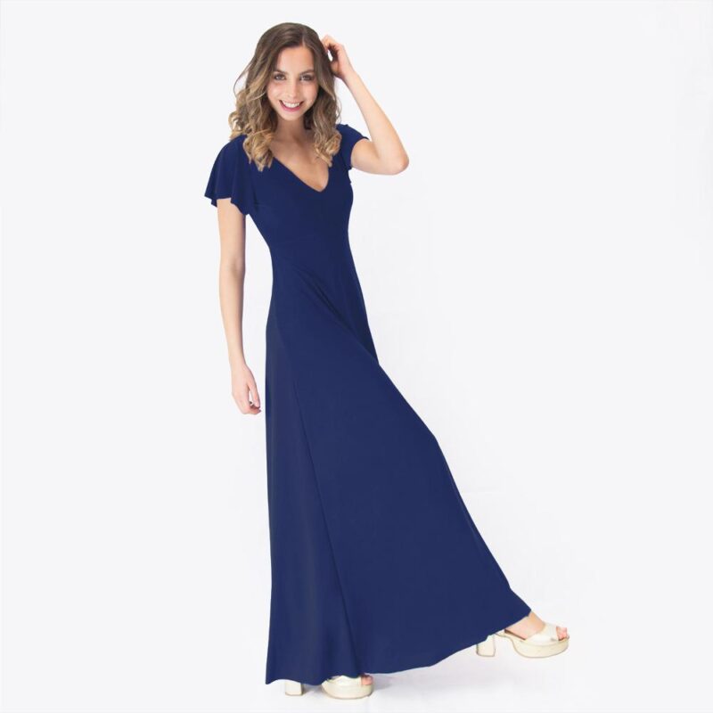 Vestido Largo Mangas Azul Marino Lycra Lazo Espalda Maria Paskaro