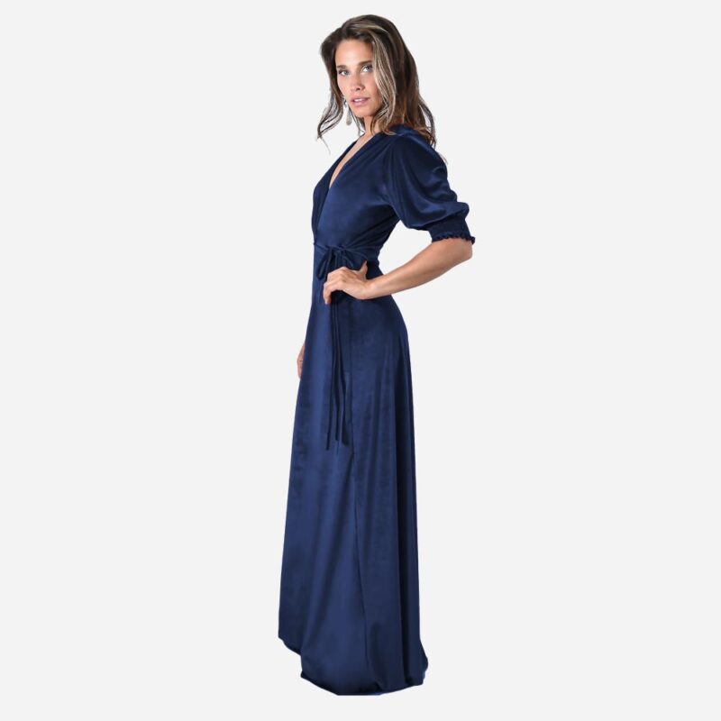 Vestido Largo Sevilla Azul Marino Terciopelo Mangas  Maria Paskaro