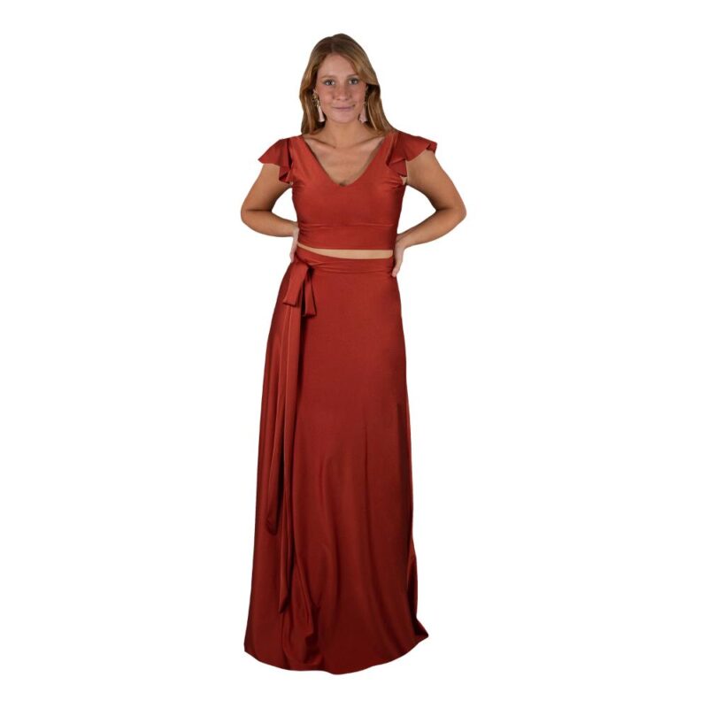 Conjunto Lima Terracota Lycra Falda Lazo Maria Paskaro