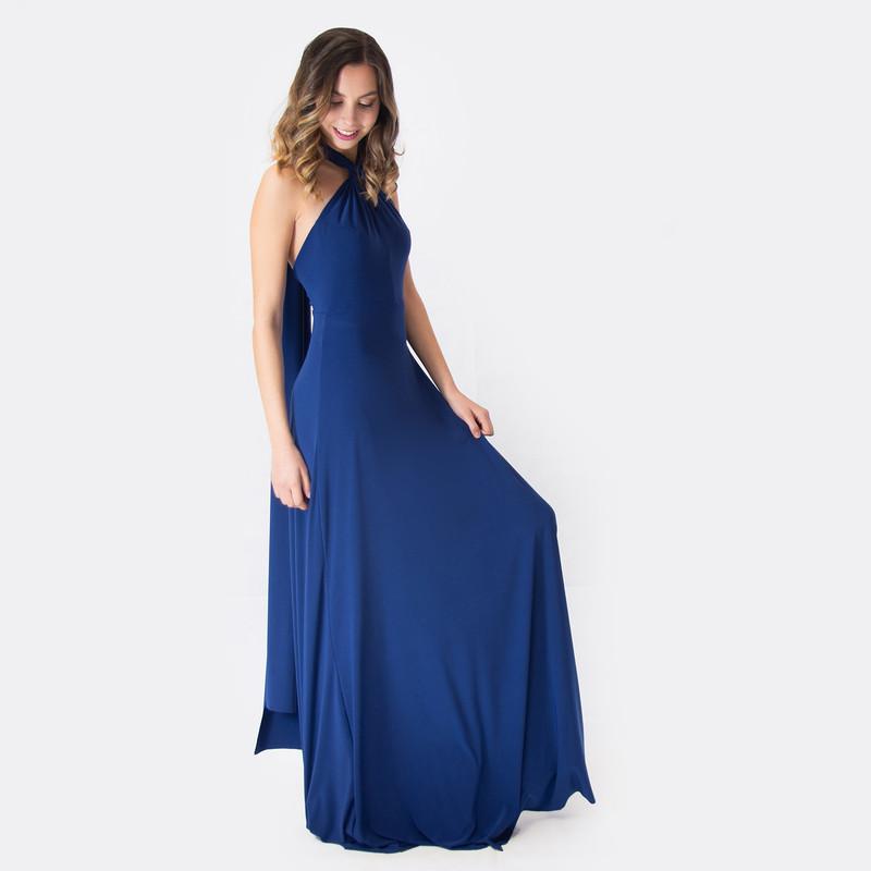 Vestido Largo Oporto Azul Marino Lycra Halter Amarra Maria Paskaro