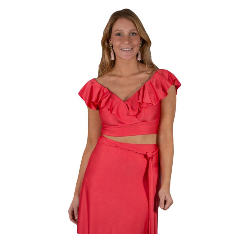 Conjunto Marken Coral Lycra Falda Lazo Maria Paskaro