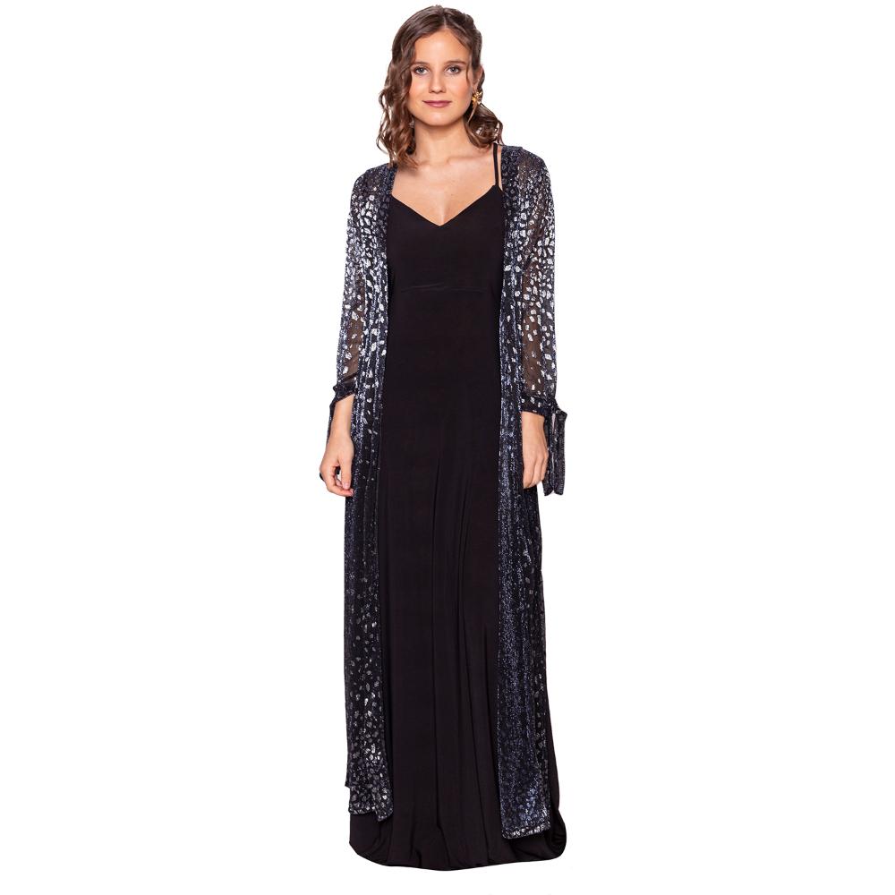 Tapado Kimono Largo Verona Negro Manchas Plateado Plisado Transparente Maria Paskaro