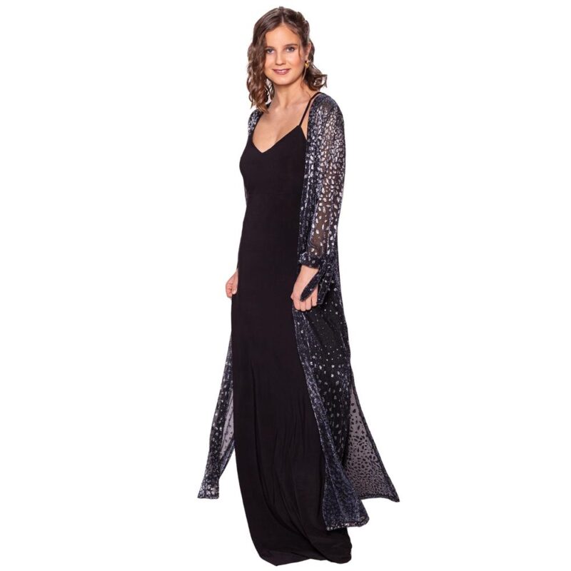 Tapado Kimono Largo Verona Negro Manchas Plateado Plisado Transparente Maria Paskaro
