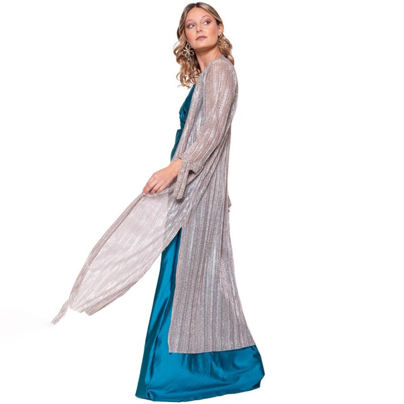 Tapado Kimono Largo Verona Plata Textura Transparente Maria Paskaro