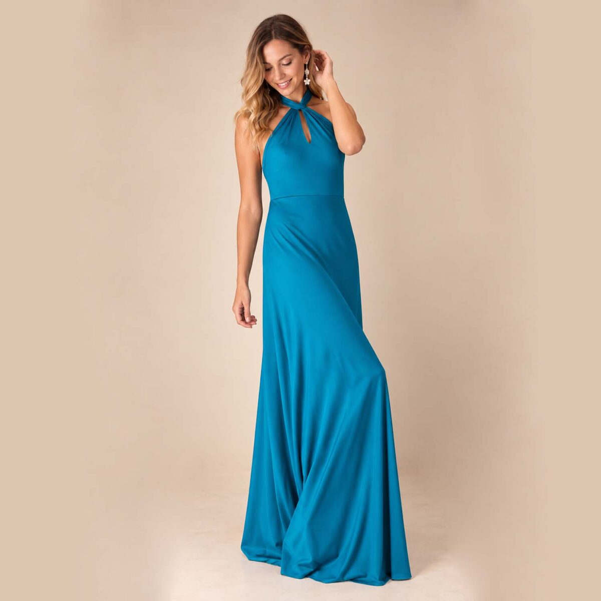 Vestido Largo Oporto Turquesa Lycra Halter Amarra