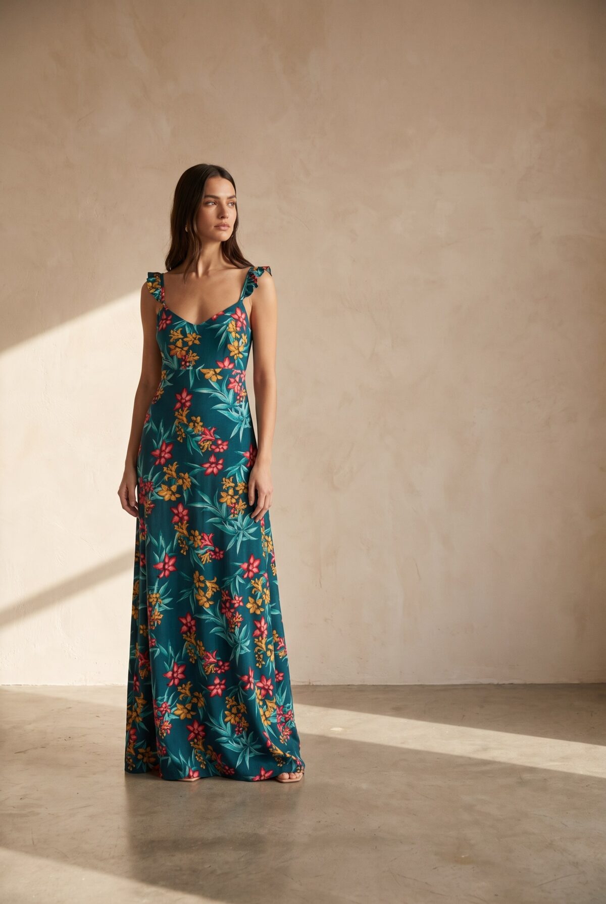 Vestido Largo Jaipur Turquesa Flores Coral Vuelitos — María Paskaró