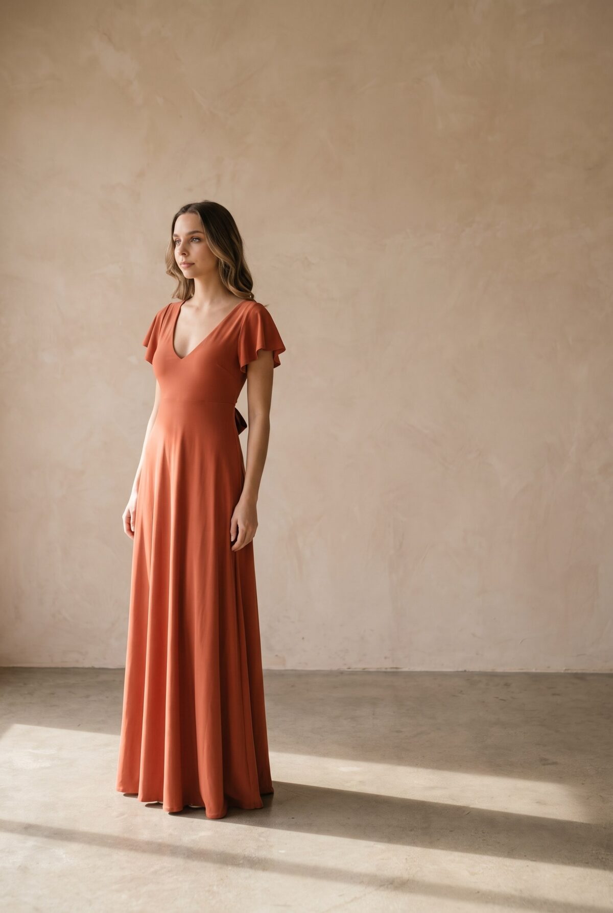 Vestido Largo Mangas Naranjo Lycra Lazo Espalda — María Paskaró