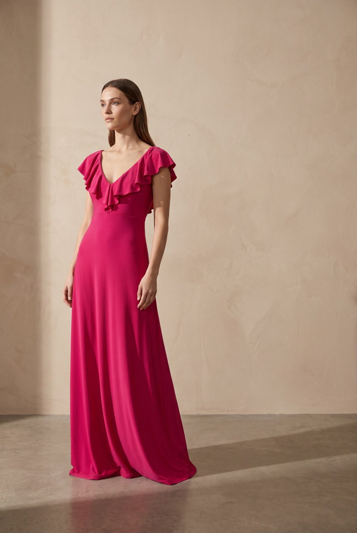 Vestido Largo Marken Fucsia Lycra Vuelo Grande — María Paskaró