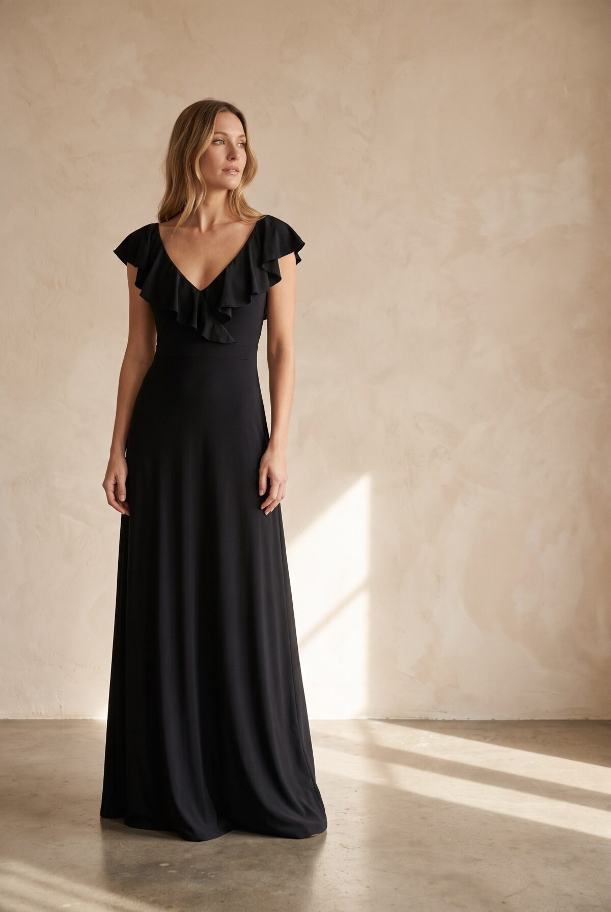 Vestido Largo Marken Negro Lycra Vuelos — María Paskaró