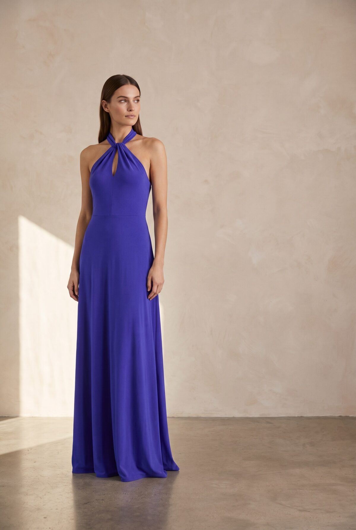 Vestido Largo Oporto Azulino Lycra Halter Amarra — María Paskaró
