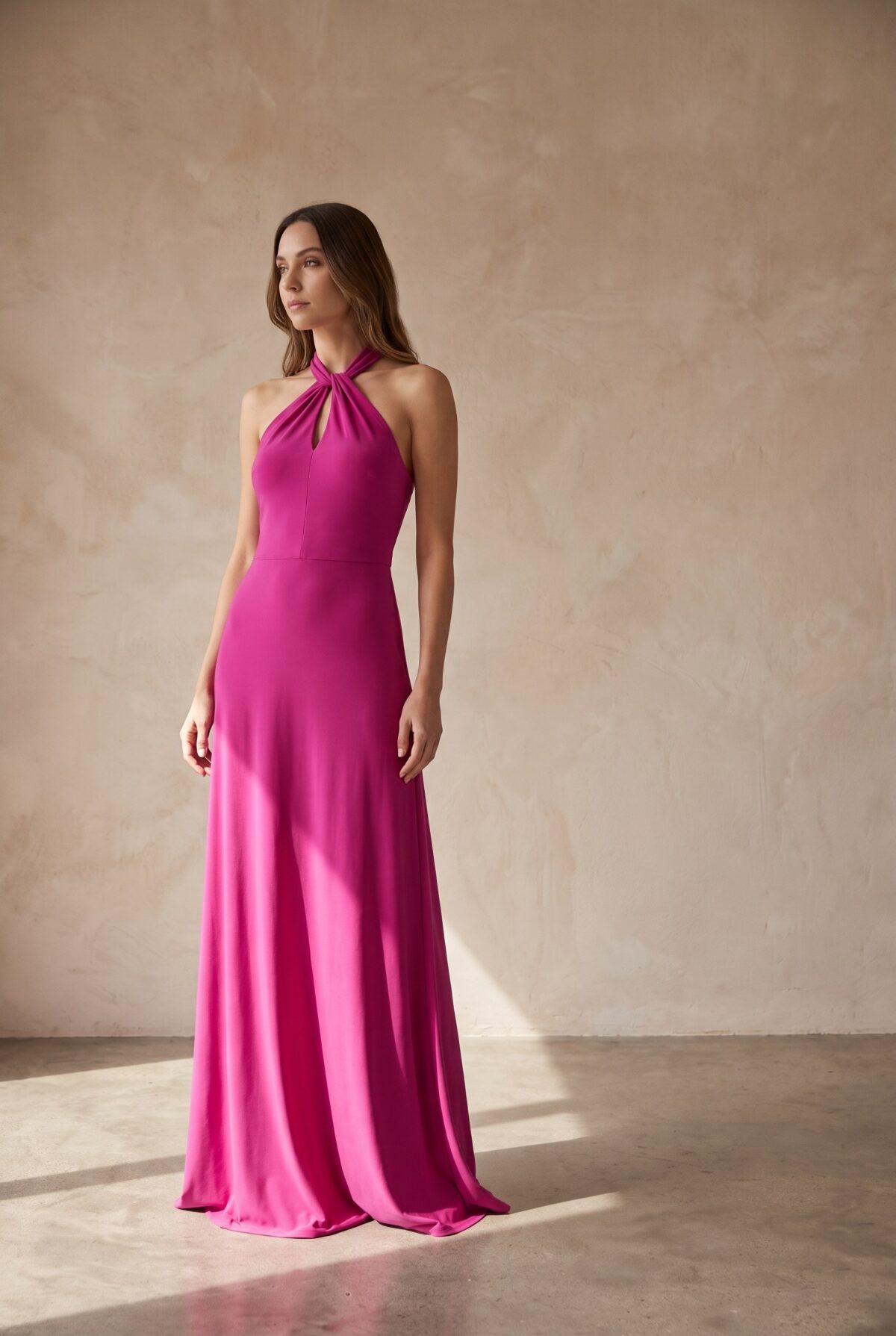 Vestido Largo Oporto Fucsia Lycra Halter Amarra — María Paskaró